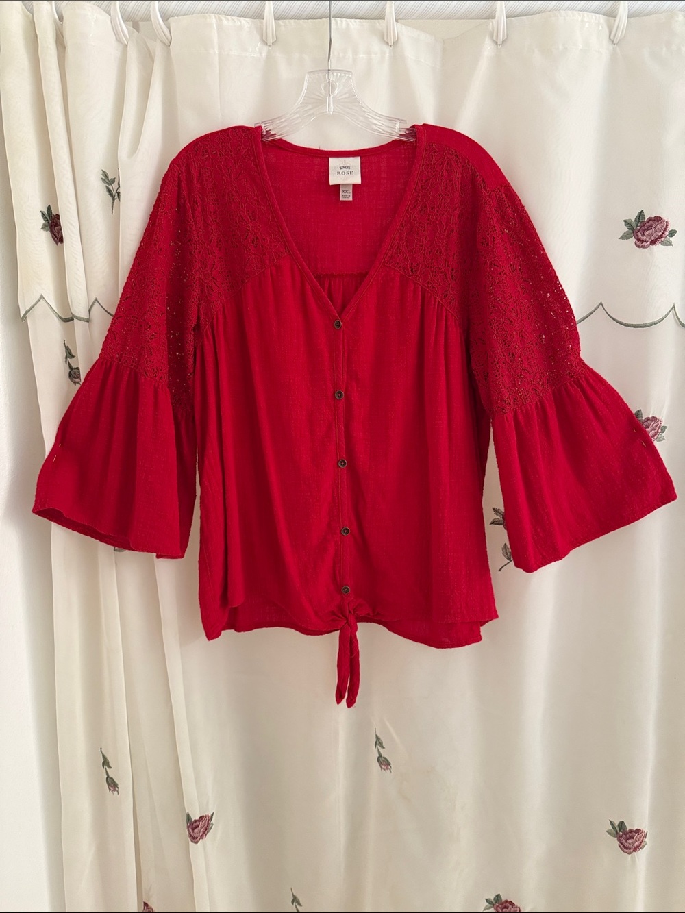 Knox Rose Red Button-Front Tie Blouse with Crochet Yoke